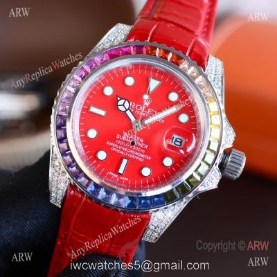Top Replica Rolex Submariner Rainbow Bezel Red Leather Diamond Watch