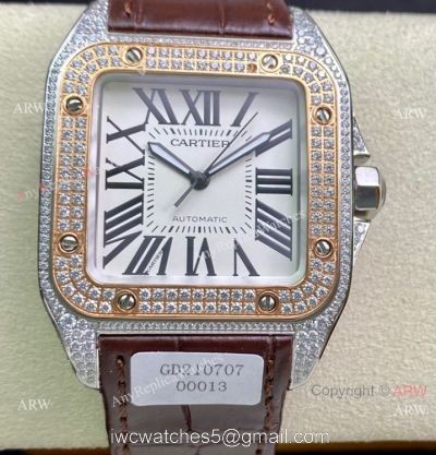 Swiss Quality Iced Out Cartier Santos de Watch Two Tone Rose Gold Sapphire Crystal