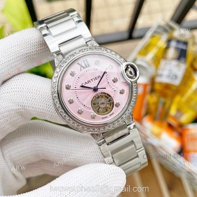 Replica Ladies Cartier Ballon Bleu 36mm With Diamonds Tourbillon Watch Pink Face