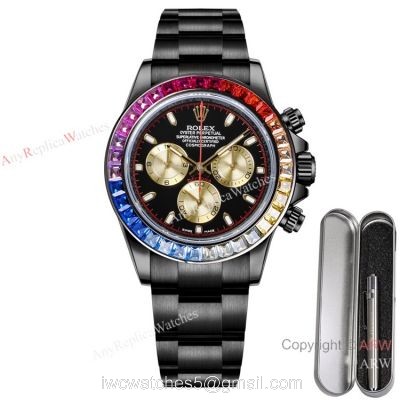 2021 New! Swiss Replica Daytona Rolex Blaken Rainbow 7750 Watch Gold Subdials