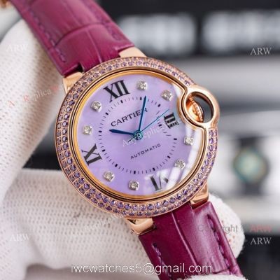 New Ladies Cartier Ballon Bleu 33mm Rose Gold diamond Purple Dial Purple Leather Strap Replica Watches