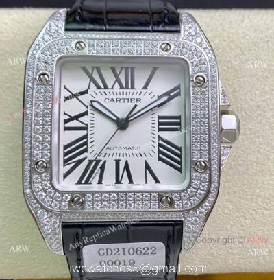 Swiss Quality Iced Out Cartier Santos De Watch Sapphire Crystal