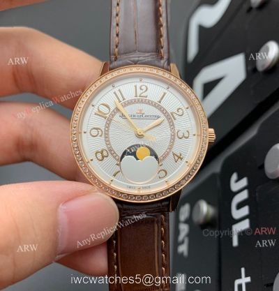 ZF Factory Replica Jaeger Lecoultre Rendez-Vous Rose Gold Watch White Face Brown Leather Strap