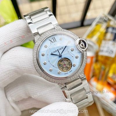 Replica Ladies Cartier Ballon Bleu Tourbillon 36mm Ice Blue Dial Watch With Diamonds