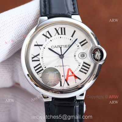 Copy Balloon Blue Cartier SS Silver Face Watch with Black Leather Strap