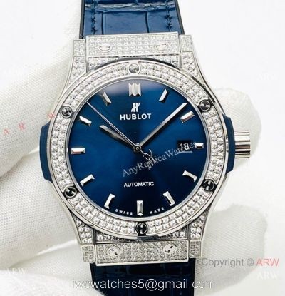HB Factory V3 version Hublot Classic Fusion Swiss Hub1213 Watch Iced Out Silver Case Blue Dial