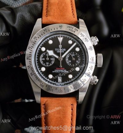 Clone Tudor Heritage Black Bay Chronograph Watch Stainless steel Brown Leather Strap