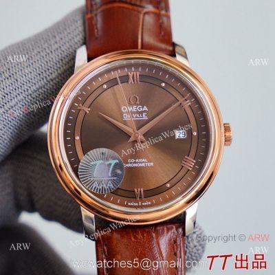Swiss Quality Copy Omega De Ville Co-Axial Watch 8215 Movement Chocolate Dial Leather Strap