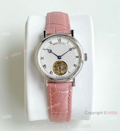 New Copy Breguet Classique Tourbillon Watch Pink Leather Strap Women 32mm