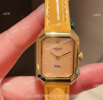 Replica Rolex Cellini 24MM Yellow Dial Gold Case Leather Strap Watch For Lady