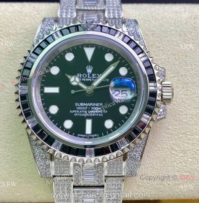 Swiss Replica Rolex Submariner 2836 Iced Out Watch Stainless Steel Black Diamond Bezel