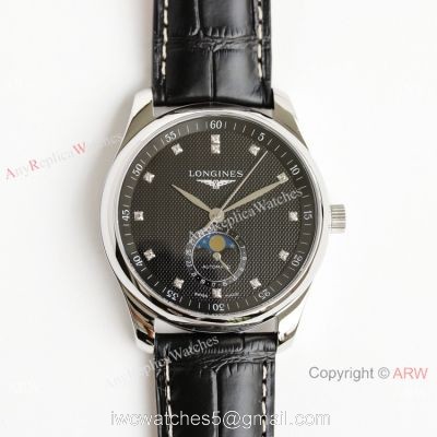 (GF) Swiss Grade Longines Moon phase Master Watch Black Leather Strap