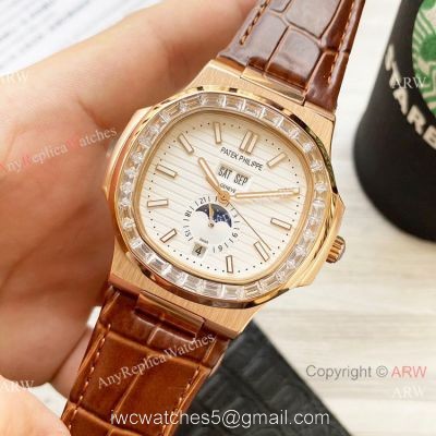 Clone Patek Philippe Annual Calendar Nautilus Watch Brown Leather Strap Diamond Bezel