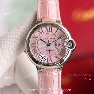 Copy Balloon Blue Cartier Wave Pink Dial V6 Watch with Pink Leather Strap