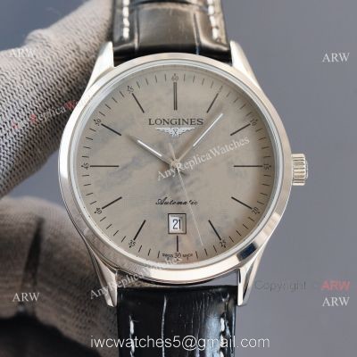 Replica Longines Elegant Gray Meteorite Texture Dial Black Leather Strap Watch 8215 Movement
