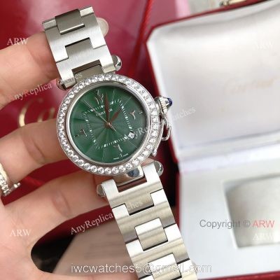 New Replica Cartier Pasha Diamond Bezel Deep Green Dial 316L SS Watch With Arabic Markers