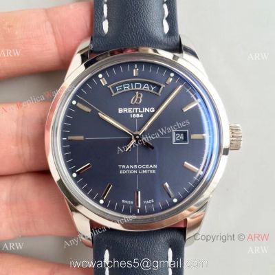 Swiss Grade Copy Breitling Transocean Day  Date V7 Factory Watch Blue Dial Blue Leather Strap