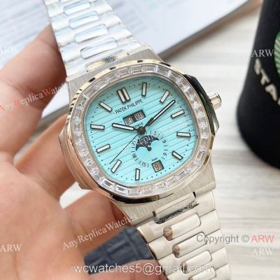 New Clone Patek Philippe Nautilus Annual Calendar Watch Baby Blue Face with Diamonds