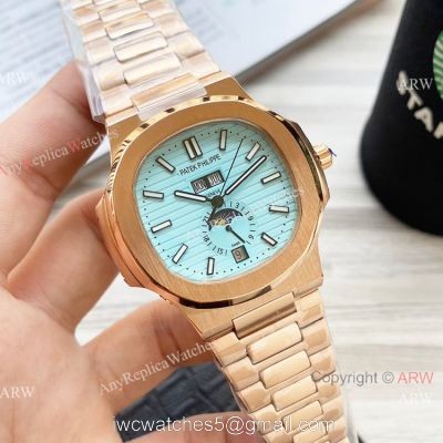 New Clone Patek Philippe Nautilus Annual Calendar watch Baby-Blue Face Rose Gold 42mm