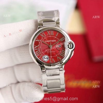 Copy Balloon Blue Cartier Polished SS Case Stainless Steel Strap Red Dial Watch