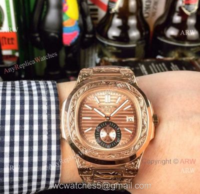 New Copy Patek Philippe Engraving Nautilus Rose Gold Dial Men Wristwatch