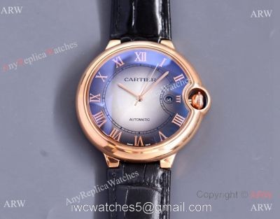 Copy Balloon Blue Cartier Gradient Face Gold Case 42MM Watch Leather Strap