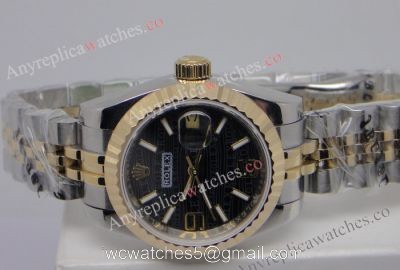 Copy Rolex Lady Datejust 2-Tone Black Wave Dial High Qualtiy Watch 36mm